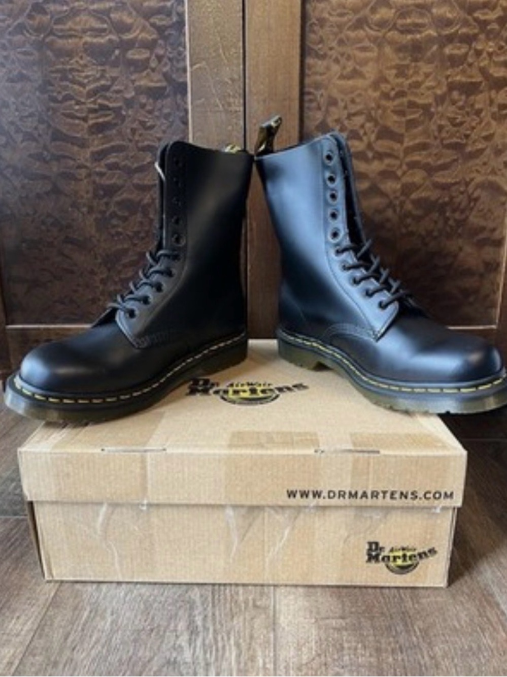 Dr. Martens Black 8-Eye Leather Combat Boots with Yellow Stitching